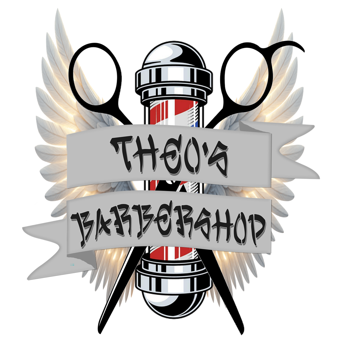 Theo’s Barber Shop — scissors, wings and barber pole